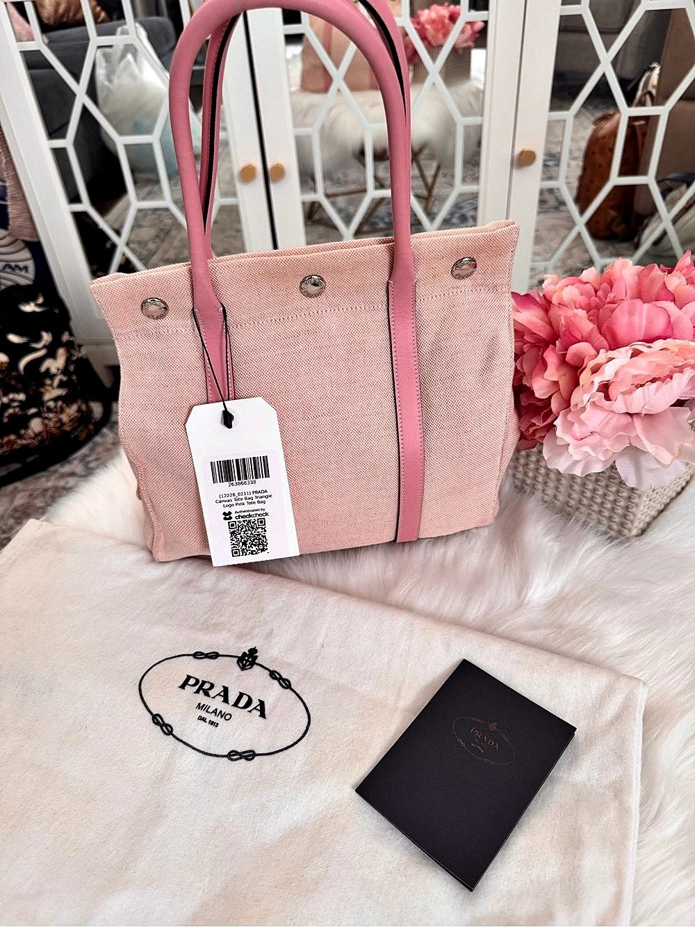 Prada Canvas & Pink Leather Snap-Button Tote Bag
